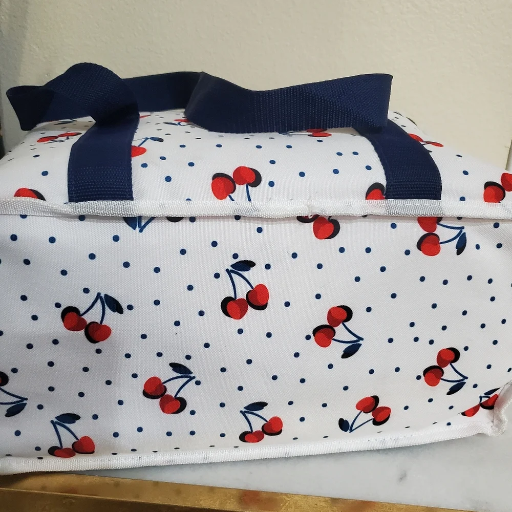 Kate Spade Navy Blue Polka Dot Red Cherry Printed Insulate Ice Cooler Travel Bag